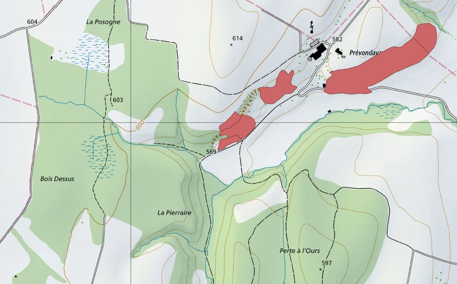 swisstopo national map showing the protected perimeter of Prévondavaux (Dry meadow)