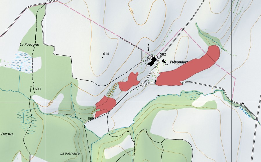 swisstopo national map showing the protected perimeter of Prévondavaux (Dry meadow)