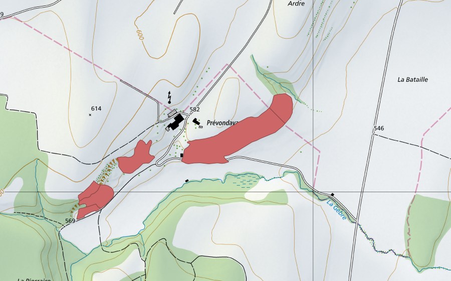 swisstopo national map showing the protected perimeter of Prévondavaux (Dry meadow)