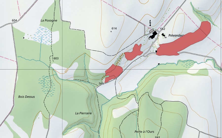 Carte nationale swisstopo avec le périmètre protégé de Prévondavaux (Prairie sèche)