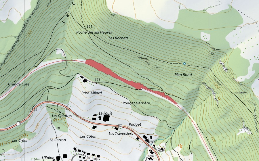 Landeskarte swisstopo mit dem Schutzperimeter von Prise Milord (Trockenwiese)