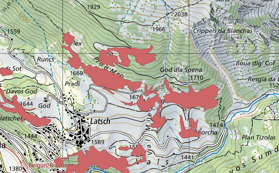 swisstopo national map showing the protected perimeter of Pro d'Men (Dry meadow)