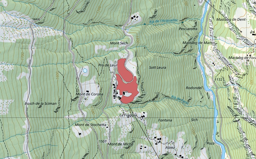 swisstopo national map showing the protected perimeter of Pro de Leura (Dry meadow)
