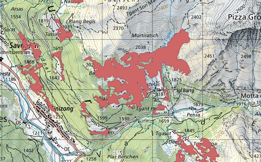 Carte nationale swisstopo avec le périmètre protégé de Pro Lung (Prairie sèche)