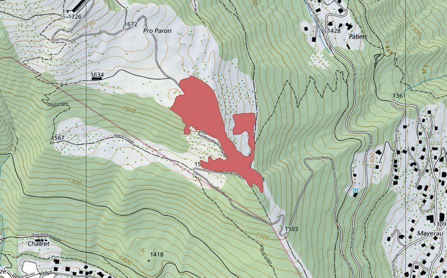 Carte nationale swisstopo avec le périmètre protégé de Pro Paron (Prairie sèche)