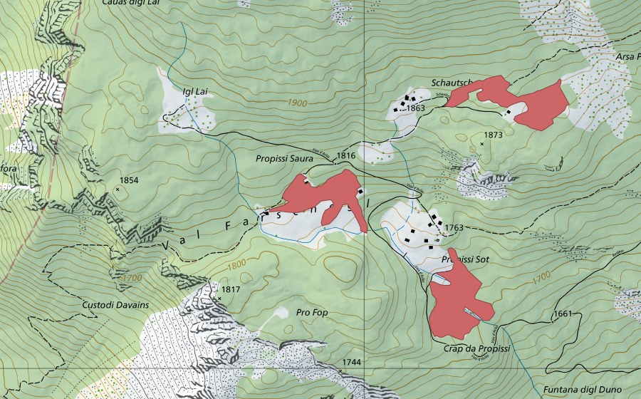 swisstopo national map showing the protected perimeter of Propissi Saura (Dry meadow)