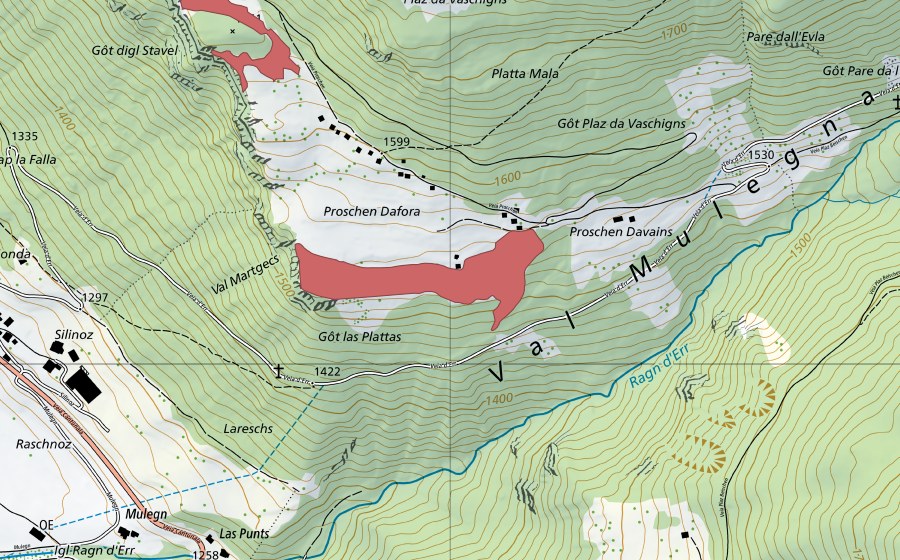 Carte nationale swisstopo avec le périmètre protégé de Proschen-Dafora (Prairie sèche)