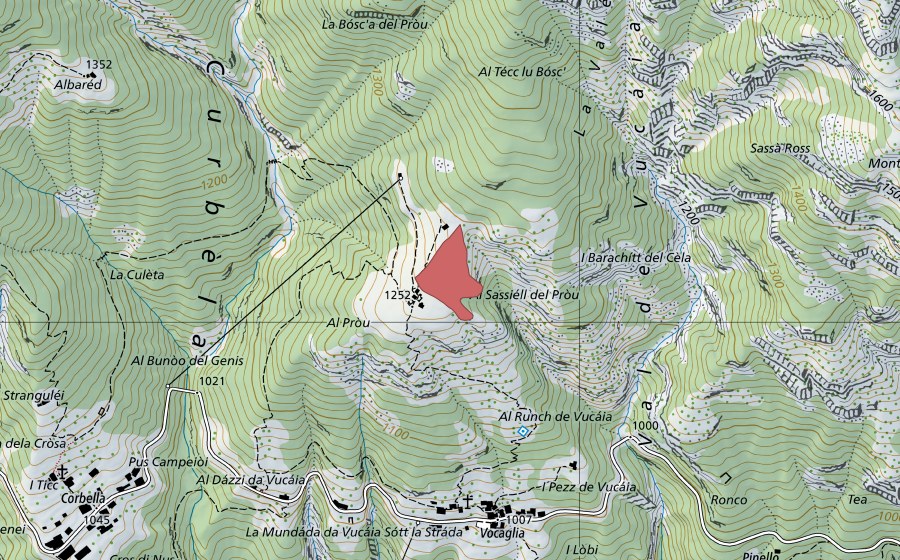 Landeskarte swisstopo mit dem Schutzperimeter von Prou (Trockenwiese)
