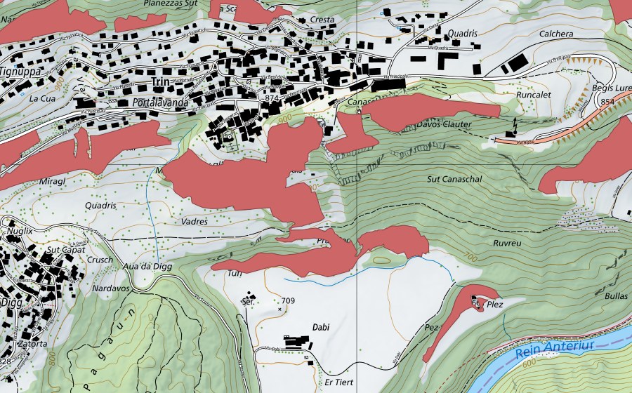 swisstopo national map showing the protected perimeter of Pruls (Dry meadow)