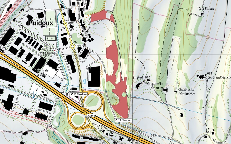 Landeskarte swisstopo mit dem Schutzperimeter von Publoz (Trockenwiese)