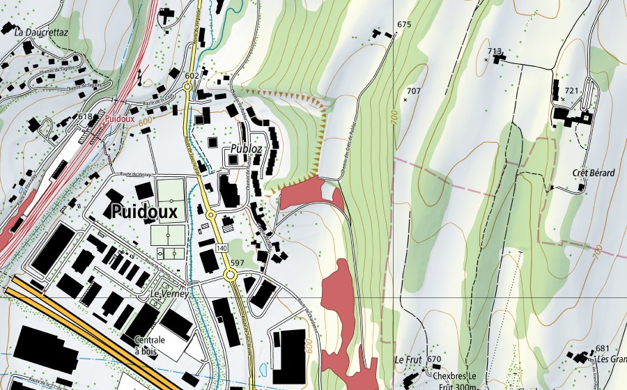 Carte nationale swisstopo avec le périmètre protégé de Publoz (Prairie sèche)