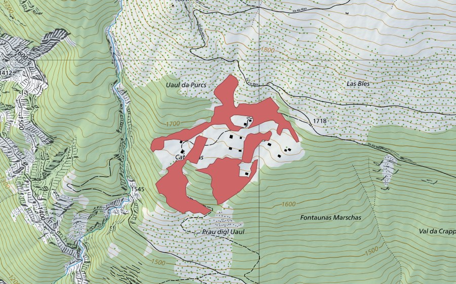 swisstopo national map showing the protected perimeter of Purcs (Dry meadow)