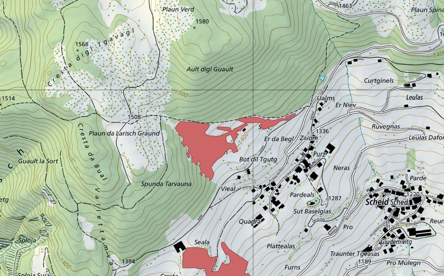 Landeskarte swisstopo mit dem Schutzperimeter von Purz (Trockenwiese)