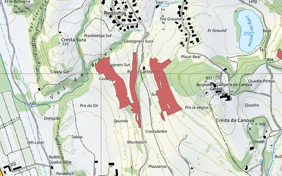Landeskarte swisstopo mit dem Schutzperimeter von Quadra (Trockenwiese)