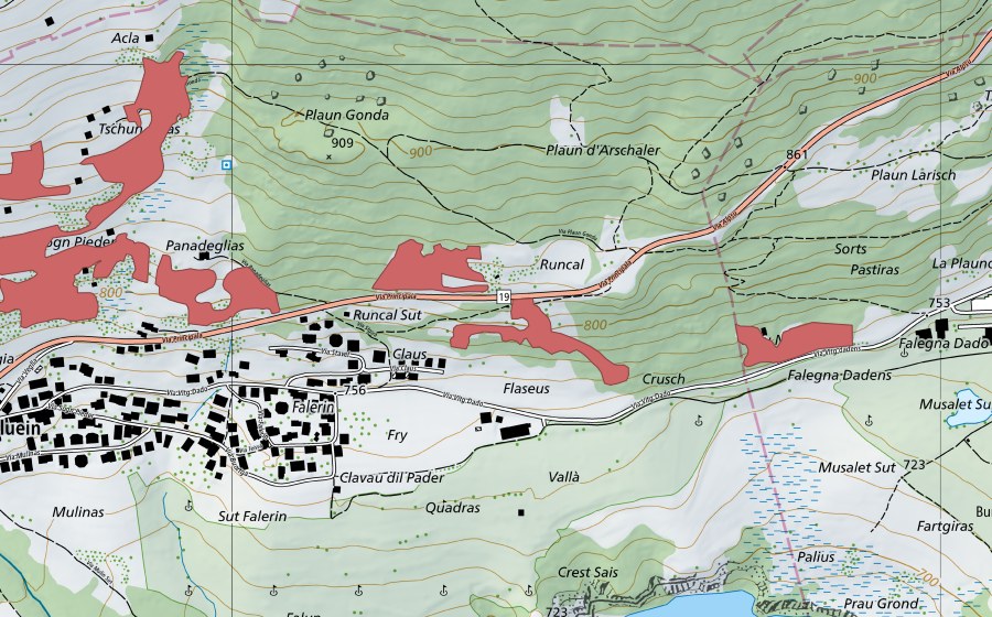 swisstopo national map showing the protected perimeter of Quadras (Dry meadow)