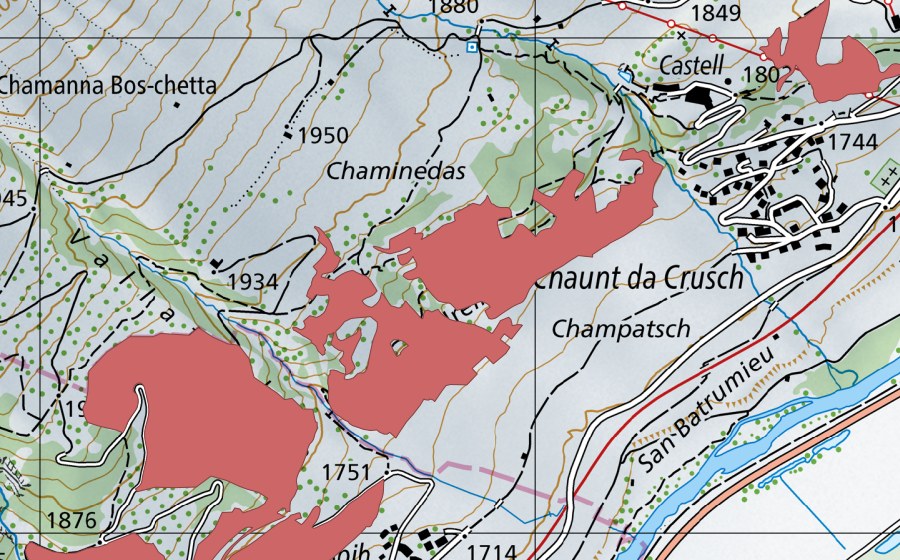 swisstopo national map showing the protected perimeter of Quadrellas (Dry meadow)