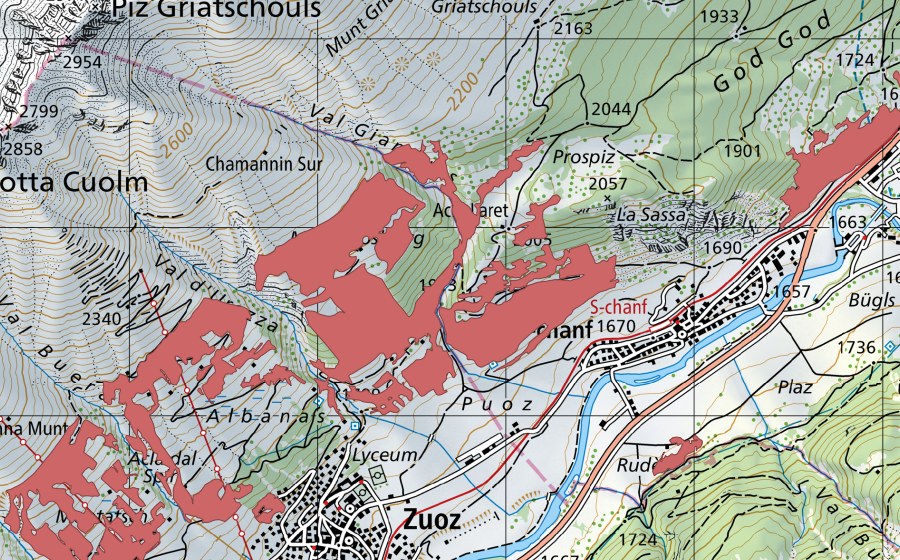 Carte nationale swisstopo avec le périmètre protégé de Quedras (Prairie sèche)