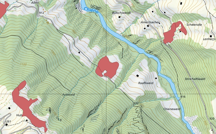 Carte nationale swisstopo avec le périmètre protégé de Raafliweid (Prairie sèche)