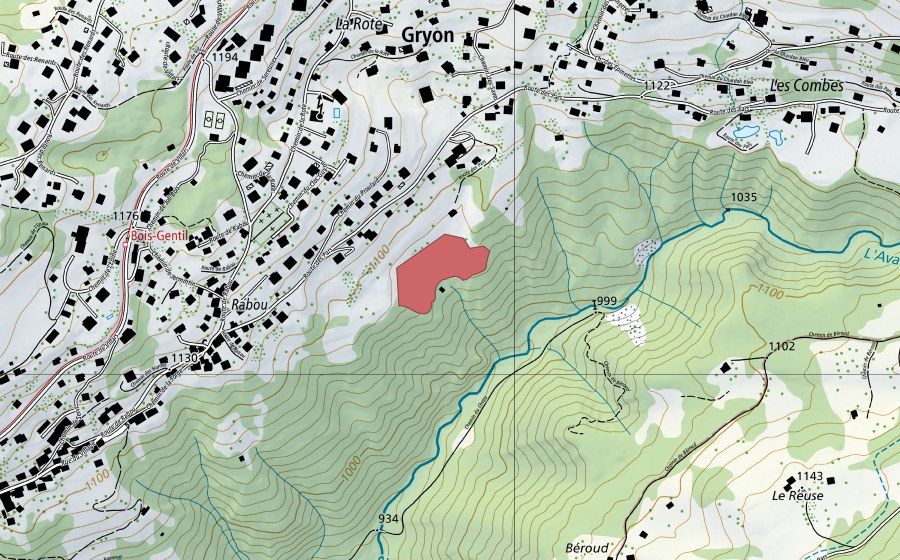 swisstopo national map showing the protected perimeter of Rabou (Dry meadow)