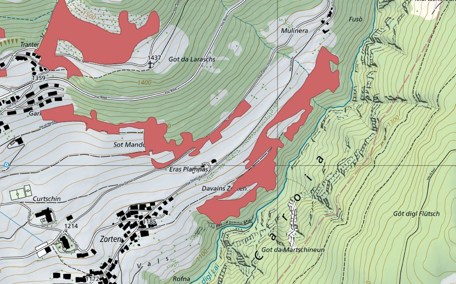 Carte nationale swisstopo avec le périmètre protégé de Rain digl Lai (Prairie sèche)