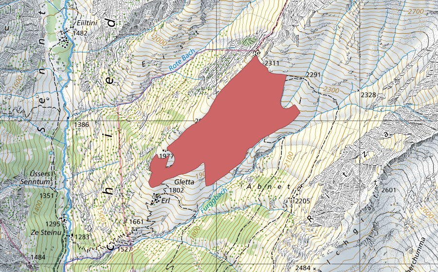 swisstopo national map showing the protected perimeter of Rämi (Dry meadow)