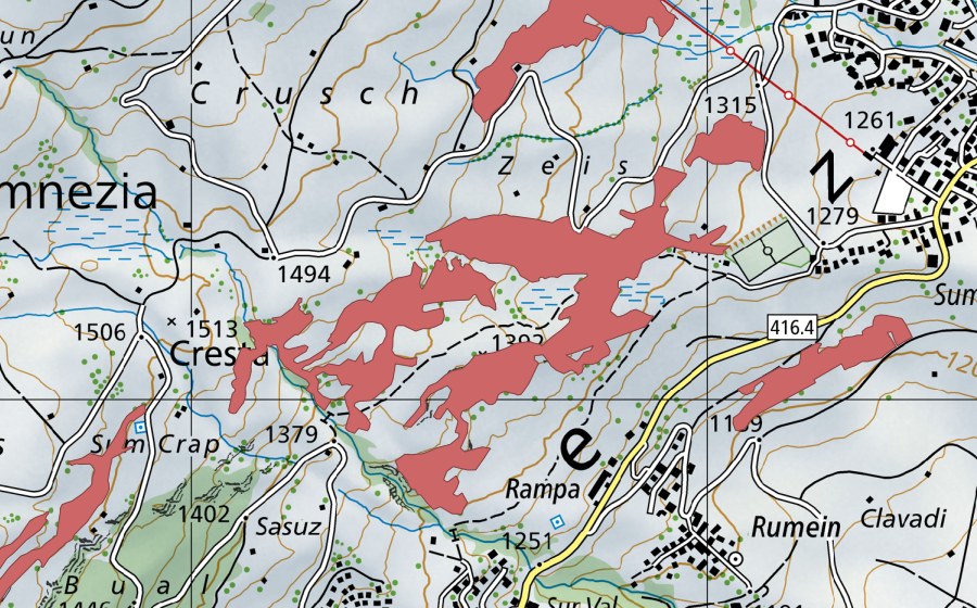 Landeskarte swisstopo mit dem Schutzperimeter von Rampa (Trockenwiese)