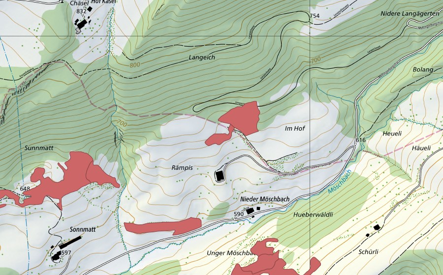 Landeskarte swisstopo mit dem Schutzperimeter von Rämpis (Trockenwiese)