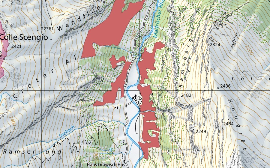 swisstopo national map showing the protected perimeter of Ramsa (Dry meadow)