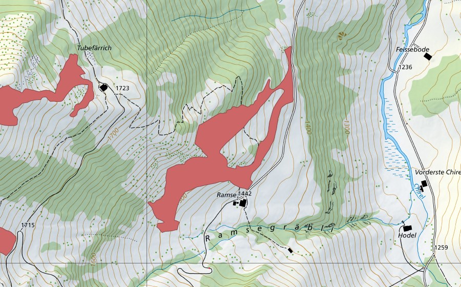 swisstopo national map showing the protected perimeter of Ramse (Dry meadow)