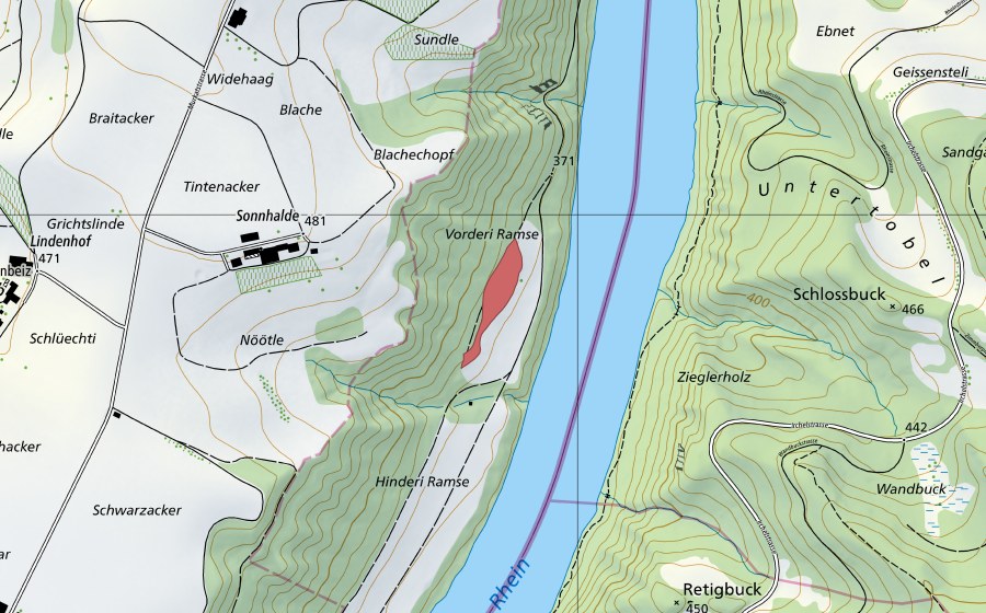 Carte nationale swisstopo avec le périmètre protégé de Ramsen (Prairie sèche)