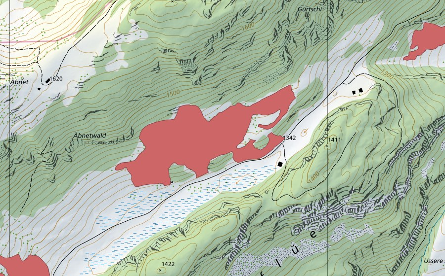Landeskarte swisstopo mit dem Schutzperimeter von Ramsere (Trockenwiese)