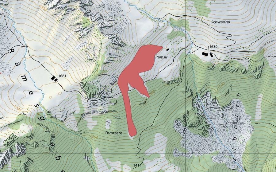 Landeskarte swisstopo mit dem Schutzperimeter von Ramsli (Trockenwiese)