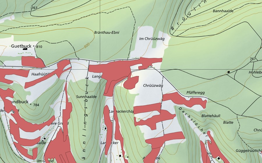swisstopo national map showing the protected perimeter of Randen (Dry meadow)