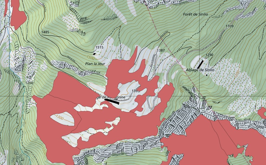 swisstopo national map showing the protected perimeter of Randonne (Dry meadow)