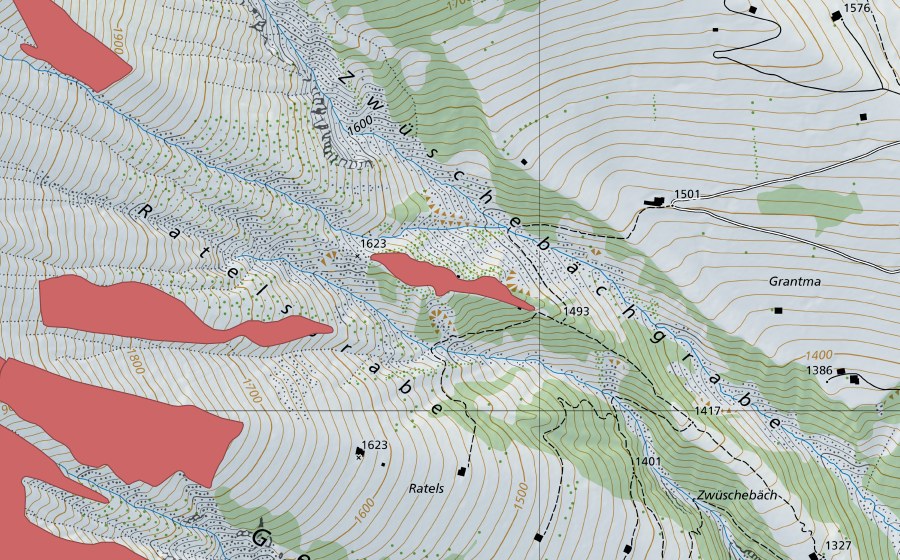 swisstopo national map showing the protected perimeter of Ratelsgrabe (Dry meadow)