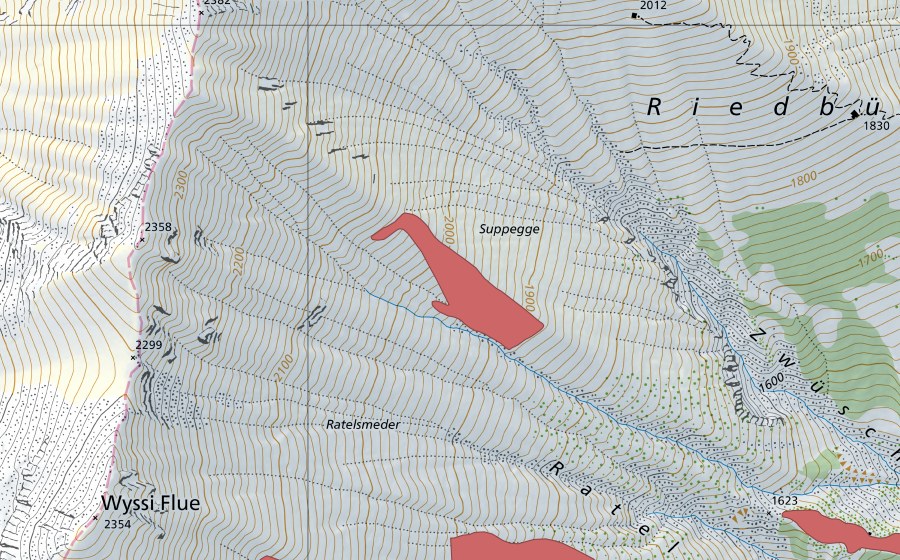swisstopo national map showing the protected perimeter of Ratelsmeder (Dry meadow)