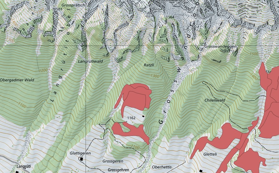 swisstopo national map showing the protected perimeter of Ratzli (Dry meadow)