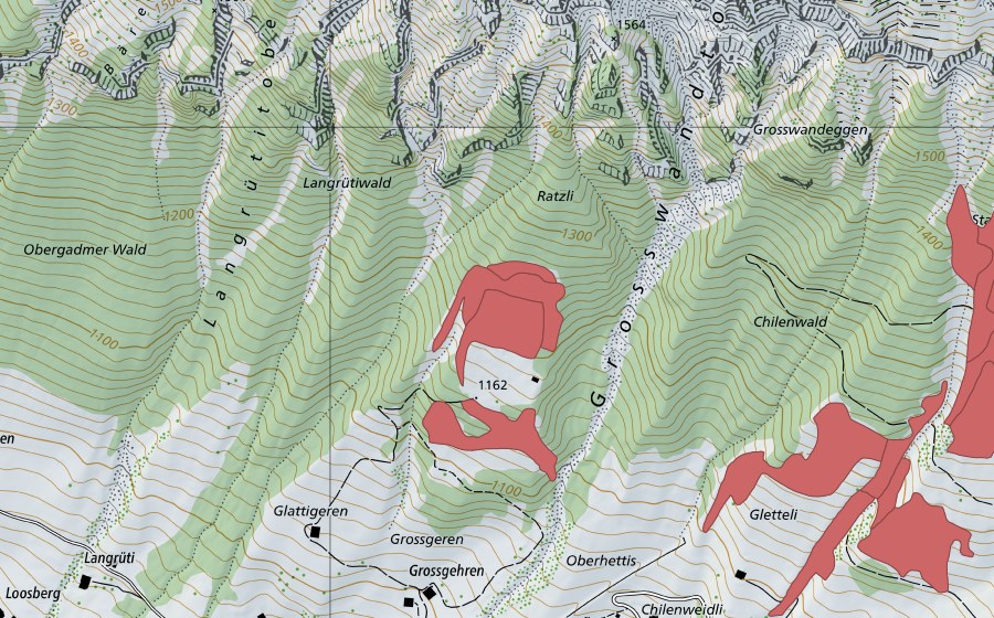 Landeskarte swisstopo mit dem Schutzperimeter von Ratzli (Trockenwiese)