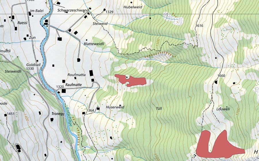 Carte nationale swisstopo avec le périmètre protégé de Raufmatte (Prairie sèche)