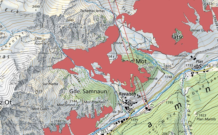 swisstopo national map showing the protected perimeter of Ravaischa (Dry meadow)