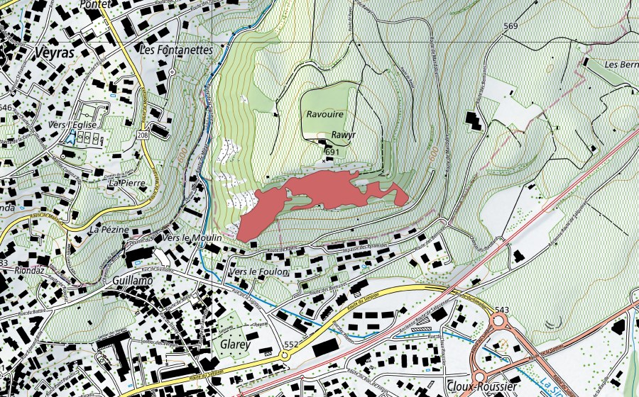 Carte nationale swisstopo avec le périmètre protégé de Ravouire (Prairie sèche)