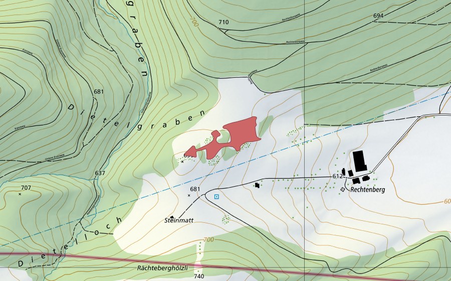 Landeskarte swisstopo mit dem Schutzperimeter von Rechtenberg (Trockenwiese)