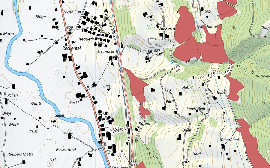 swisstopo national map showing the protected perimeter of Reckenthal (Dry meadow)