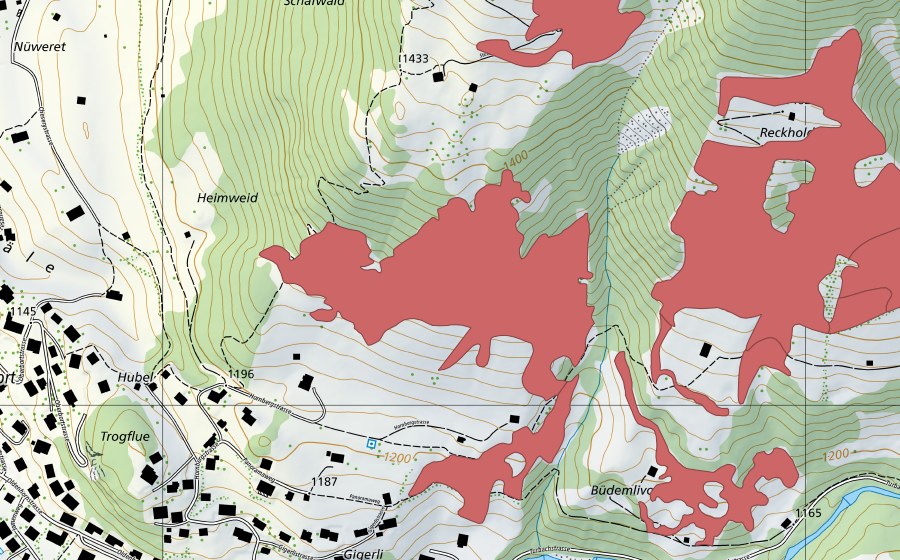 Landeskarte swisstopo mit dem Schutzperimeter von Reckholderli (Trockenwiese)