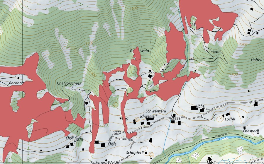 Carte nationale swisstopo avec le périmètre protégé de Reckholderli (Prairie sèche)