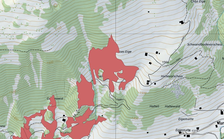 Carte nationale swisstopo avec le périmètre protégé de Reckholderli (Prairie sèche)