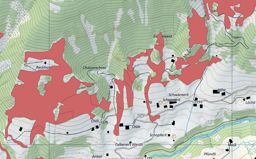 Carte nationale swisstopo avec le périmètre protégé de Reckholderli (Prairie sèche)