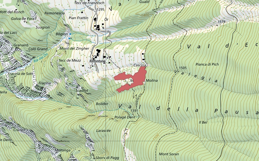 Landeskarte swisstopo mit dem Schutzperimeter von Refontana (Trockenwiese)