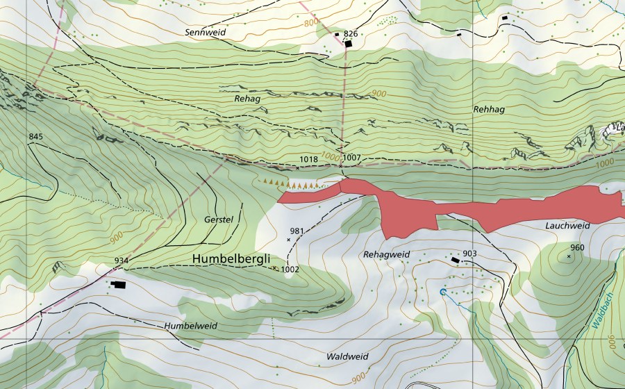 Landeskarte swisstopo mit dem Schutzperimeter von Rehhagweid (Trockenwiese)