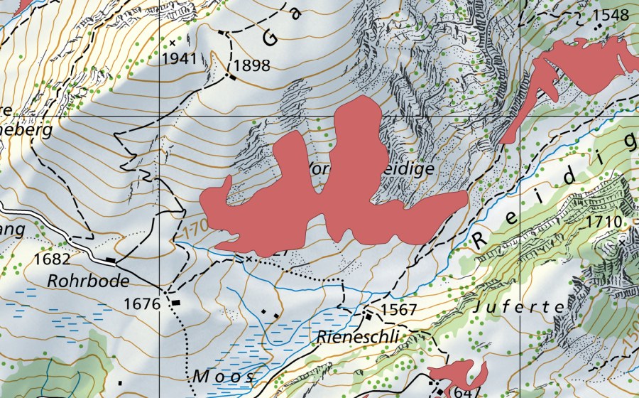 Landeskarte swisstopo mit dem Schutzperimeter von Reidige (Trockenwiese)